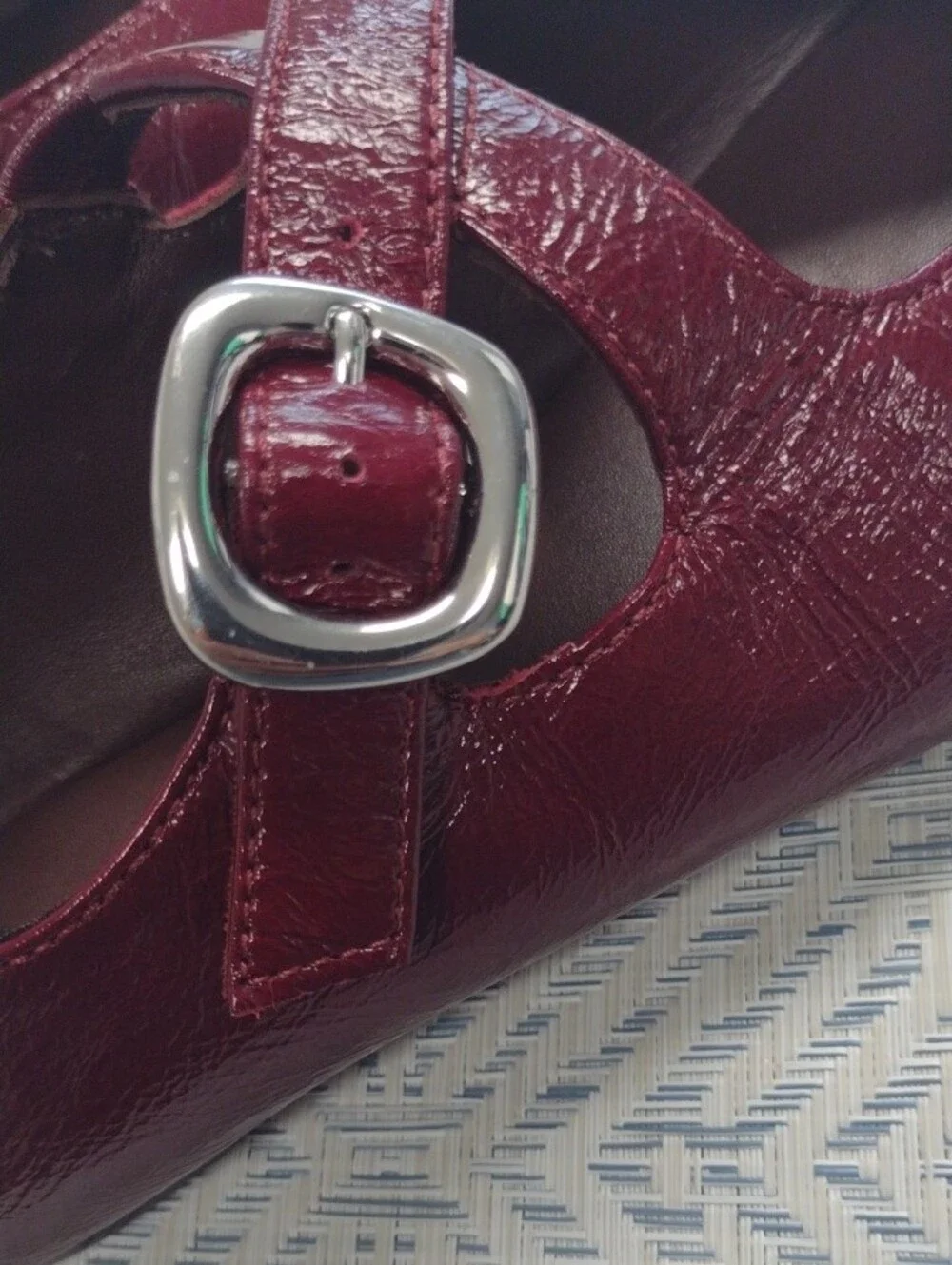 Women's Burgundy Mary Jane Flats with Decorative Buckle